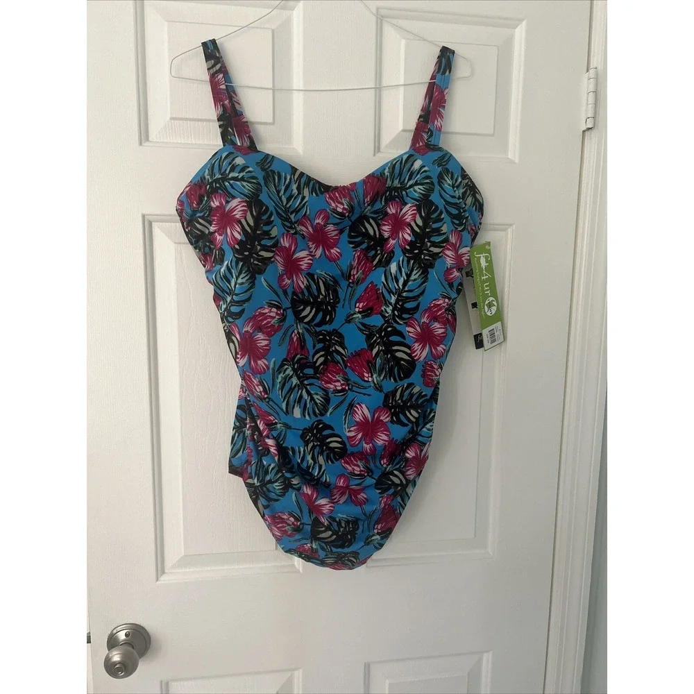 Fit 4 U V-Neck One-Piece AMulticolor Tropical Swimsuit‎ Sz 24W NWT